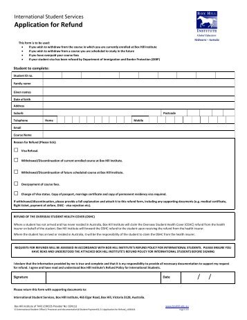 Application for Refund Form - Box Hill Institute of TAFE