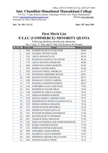 F.Y.J.C (Commerce) - Smt. Chandibai Himathmal Mansukhani College