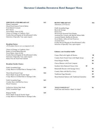 Sheraton Columbia Downtown Hotel Banquet Menu