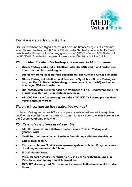 Trotz Hausarztvertrag Zu Einem Anderen Arzt Der Hausarztvertrag in Berlin. - beim MEDI-Verbund Berlin