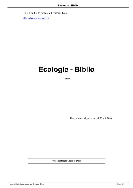Ecologie - Biblio - UnitÃ© pastorale Crestois-Diois