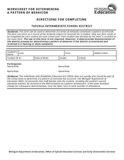 Worksheet for Determining Pattern Behavior Directions - Tuscola ...
