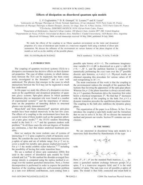 Effects of dissipation on disordered quantum spin models - APS Link ...