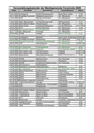 Veranstaltungskalender der Marktgemeinde Ferschnitz 2009