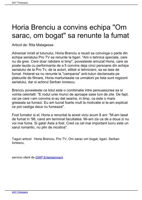 Horia Brenciu a convins echipa "Om sarac, om bogat" sa ... - Timisoara