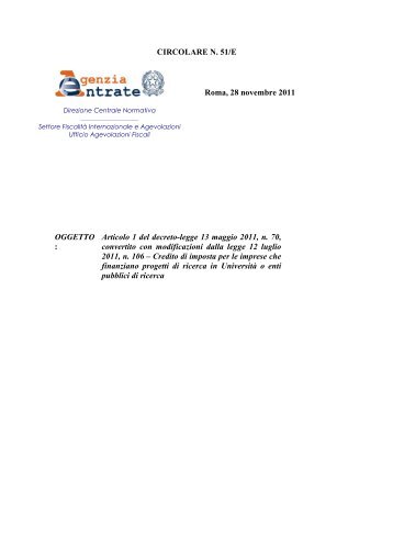 Agenzia delle Entrate, Circolare n. 51/E, 28 novembre 2011 - Cun