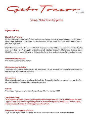 Eigenschaften der SISAL- Naturfaserteppiche