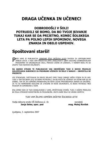 DRAGA UČENKA IN UČENEC! Spoštovani starši! - Ljubljana