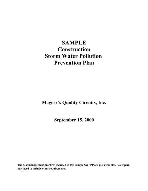 SAMPLE Construction Storm Water Pollution Prevention Plan