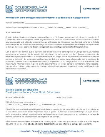 SOLICITUD DE INGRESO APPLICATION FOR  - Colegio Bolivar
