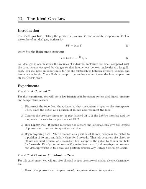 Lab 12 : The Ideal Gas Law