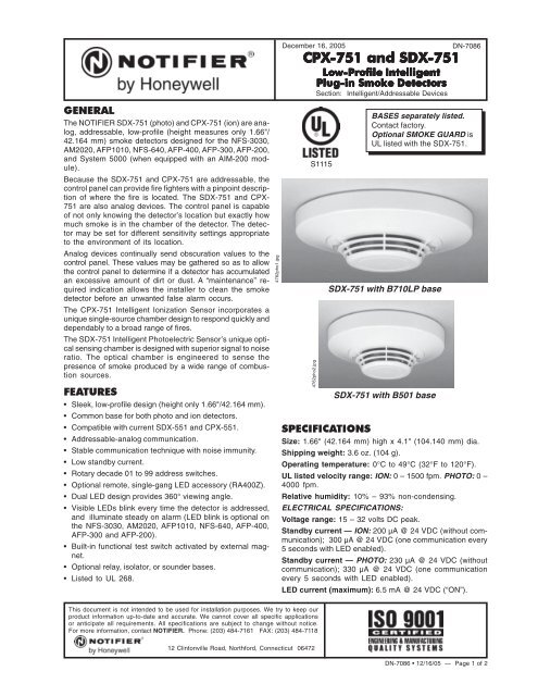 Notifier SDX-751 Smoke Detector w/B710LP Base 