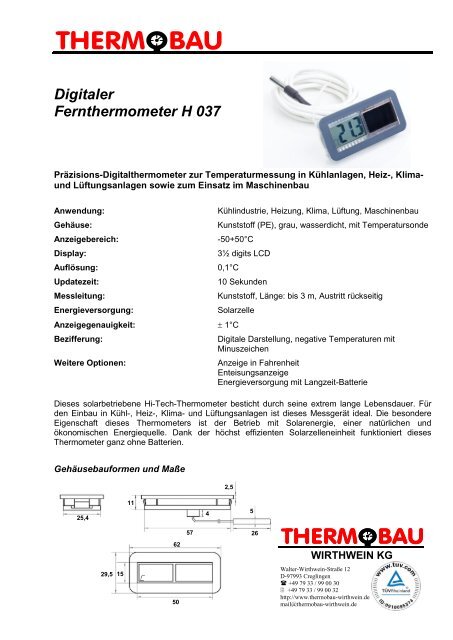 Digitaler Fernthermometer H 037-BAT - Thermobau Wirthwein