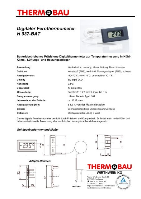 Digitaler Fernthermometer H 037-BAT - Thermobau Wirthwein