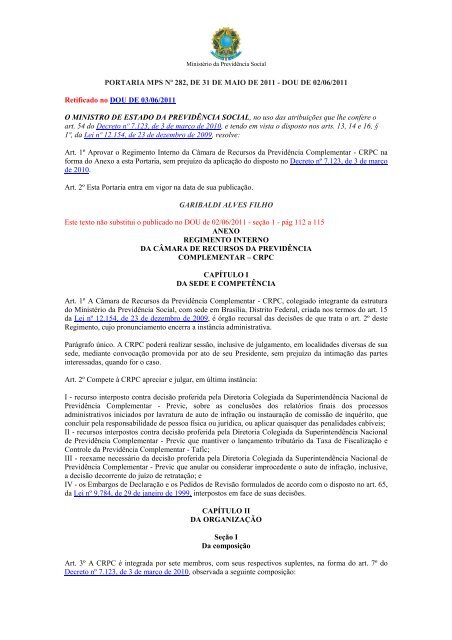 Regimento Interno do CRPC - MinistÃ©rio da PrevidÃªncia Social