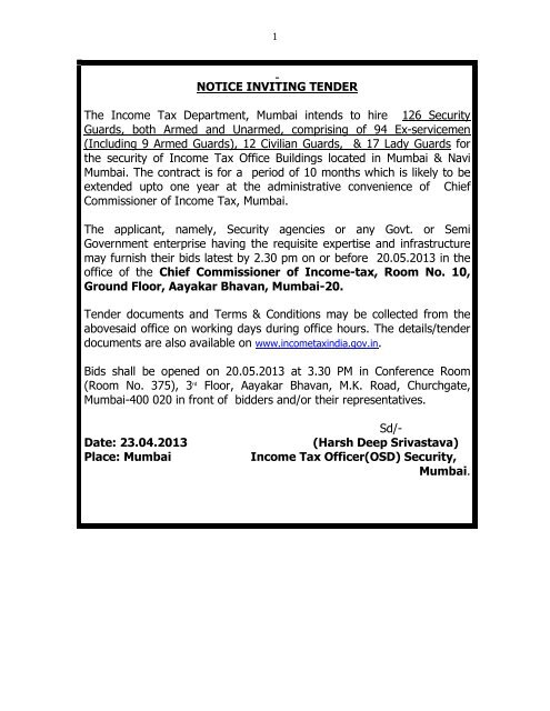 NOTICE INVITING TENDER The Income Tax Department, Mumbai ...