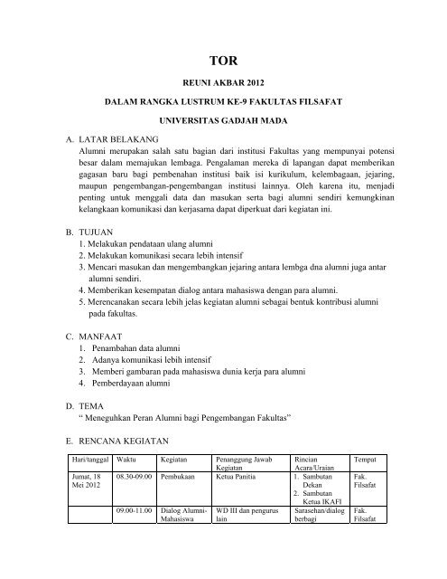 TOR Reuni Akbar 2012 - Fakultas Filsafat UGM - Universitas Gadjah ...