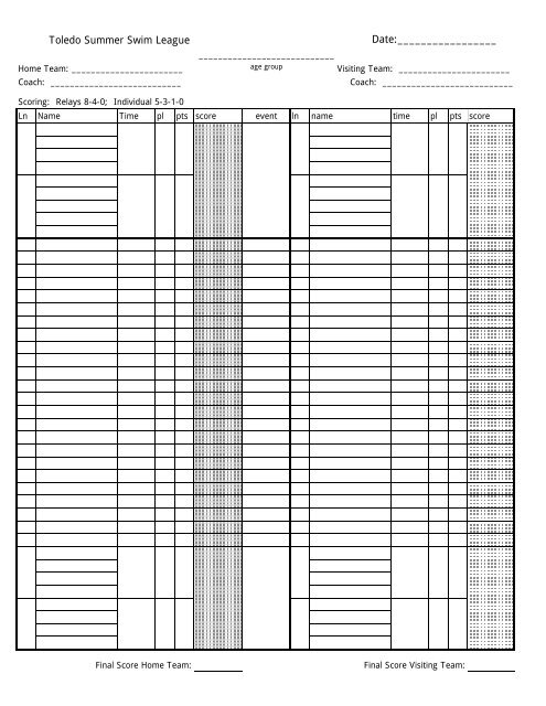 TSSL Dual Score Sheets - Toledo YMCA Swimming