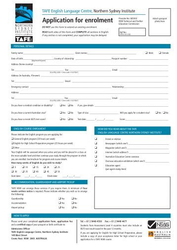 Application for enrolment - TAFE NSW - Northern Sydney Institute