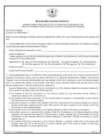 BUSINESS RELATIONSHIP AFFIDAVIT - City of Weston