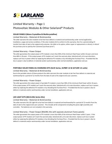 Download Solarland Panel Warranty Sheet â PDF - Sun Bright Solar