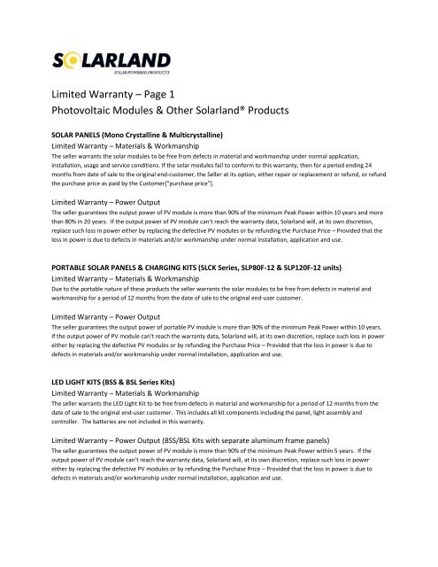 Download Solarland Panel Warranty Sheet A Pdf Sun Bright Solar