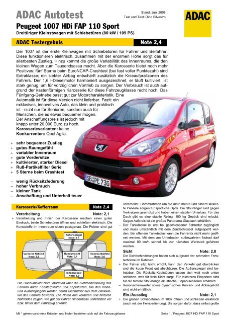 Umfassender Test Peugeot 1007 Hdi Fap 110 Sport Adac