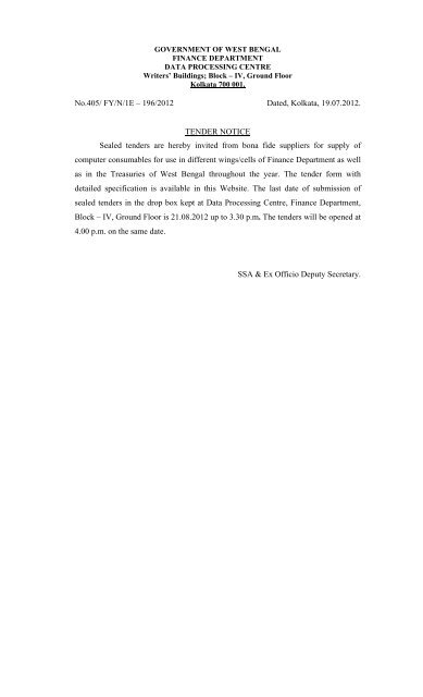 No.405/ FY/N/1E â 196/2012 Dated, Kolkata, 19.07.2012. TENDER ...