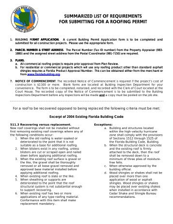 summarized list of requirements for submitting for a roofing permit