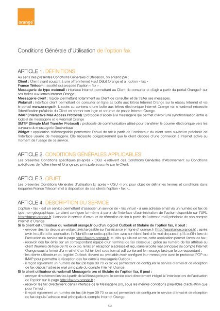 Conditions Générale d'Utilisation de l'option fax - Orange