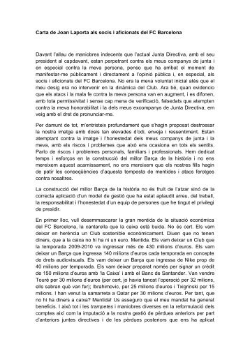 Carta de Joan Laporta als socis i aficionats del FC Barcelona ... - Ara