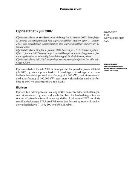 Elprisstatistik juli 2007 - Energitilsynet