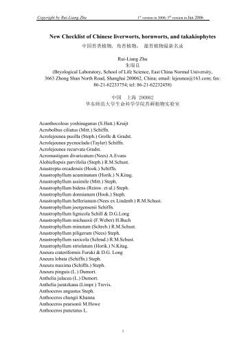 New Checklist of Chinese liverworts, hornworts, and takakiophytes