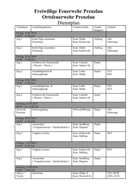 Dienstplan der Ortsfeuerwehr Prenzlau - Freiwillige Feuerwehr ...