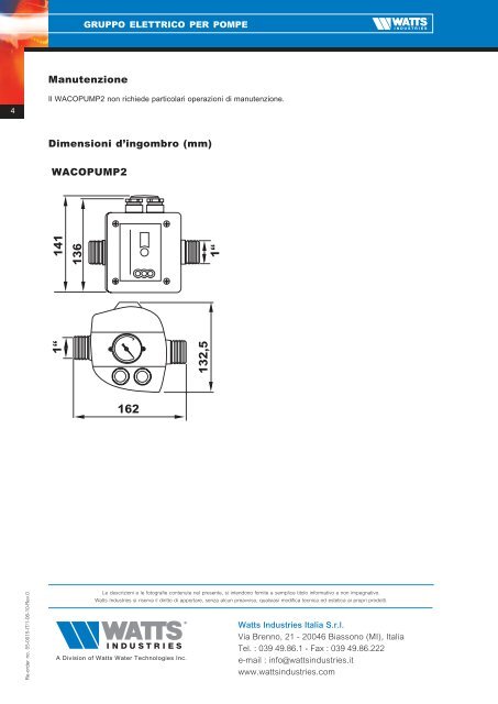 Gruppo elettrico per pompe Serie WACOPUMP2 - WATTS industries