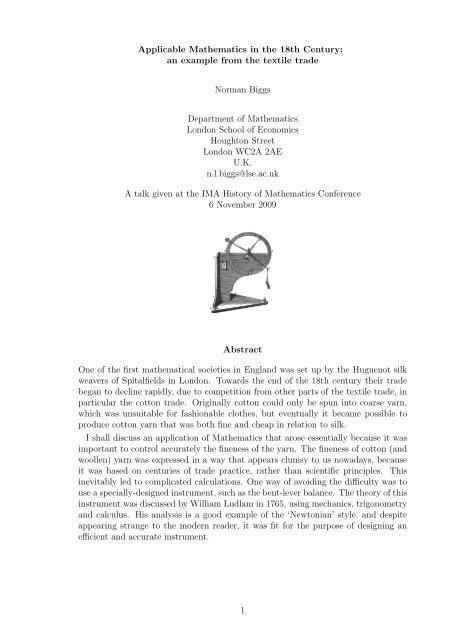 Applicable Mathematics in the 18th Century - Department of ...