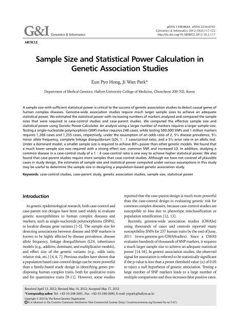 Sample Size And Statistical Power Calculation In Genetic Association