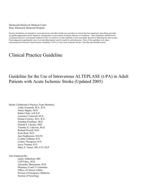 Guideline for the Use of Intravenous ALTEPLASE (t-PA)