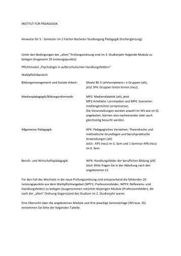 INSTITUT FÜR PÄDAGOGIK Hinweise für 5.- Semester im 2-Fächer ...