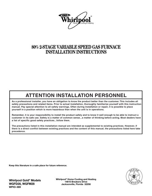 80% 2-stage variable speed gas furnace installation - Whirlpool ...