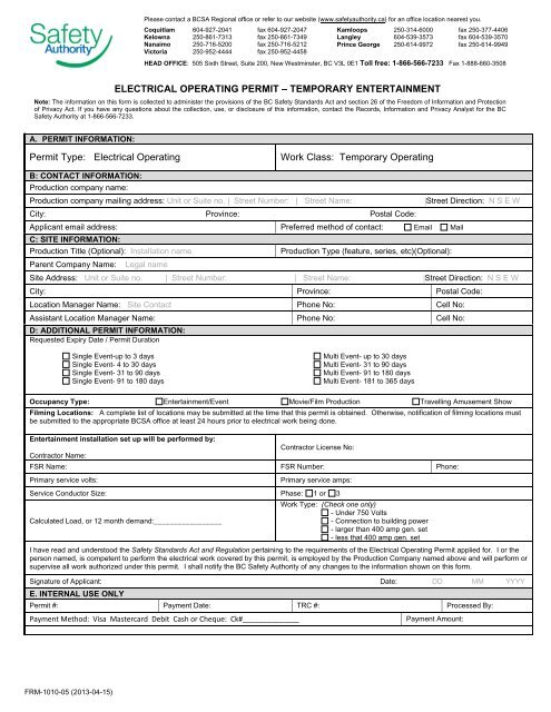 Electrical Temporary Entertainment Operating Permit Form 1010