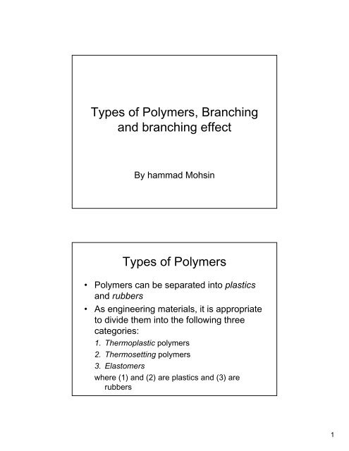 Types of Polymers, Branching and branching effect Types of Polymers