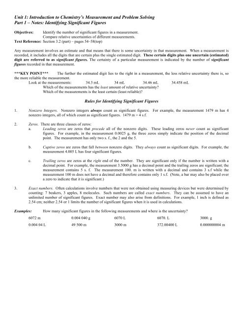 Unit 1 Notes - Honors Chemistry Coursework