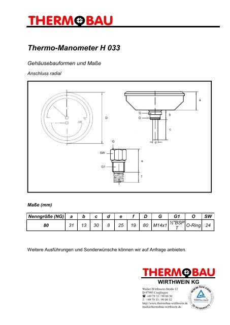 Thermo-Manometer H 033 - Thermobau  Wirthwein