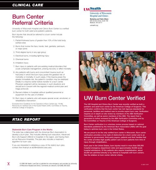 Burn Center Referral Criteria UW Health