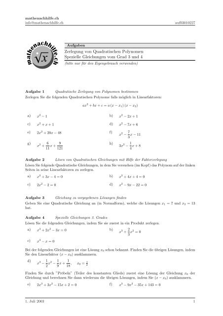Quadratische Gleichungen: Faktorzerlegung von quadratischen ...