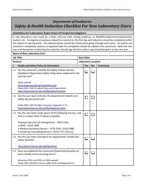 Safety & Health Induction Checklist For New Laboratory Users