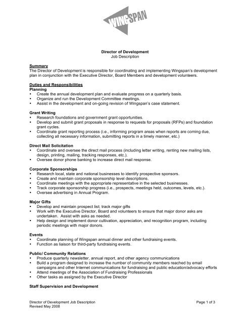 Director Of Development Job Description Summary The Wingspan