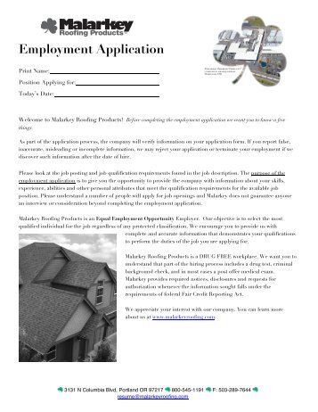 ! Employment Application - Malarkey Roofing Products