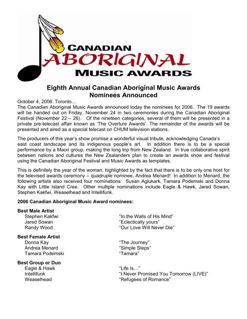 Eighth Annual Canadian Aboriginal Music Awards Nominees ...